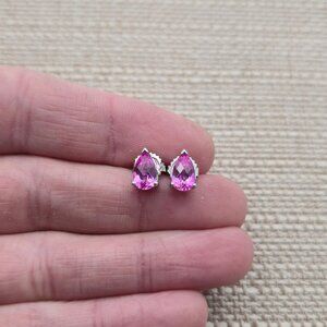 Sterling Silver Pear Pink Sapphire Gem Stud Earrings A4154
